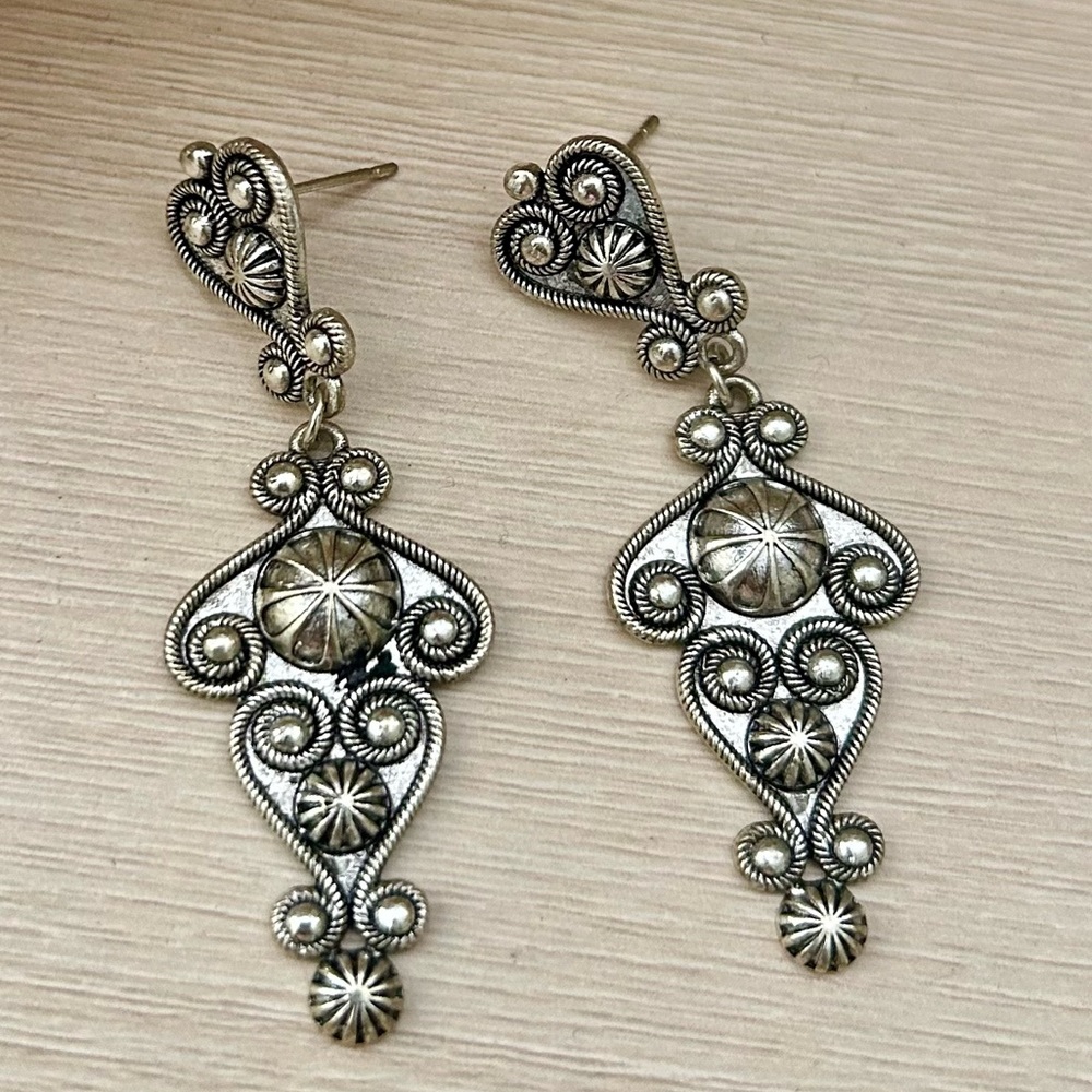 Filigree Heart Scroll Earrings – Brighton Style Silver-Tone
